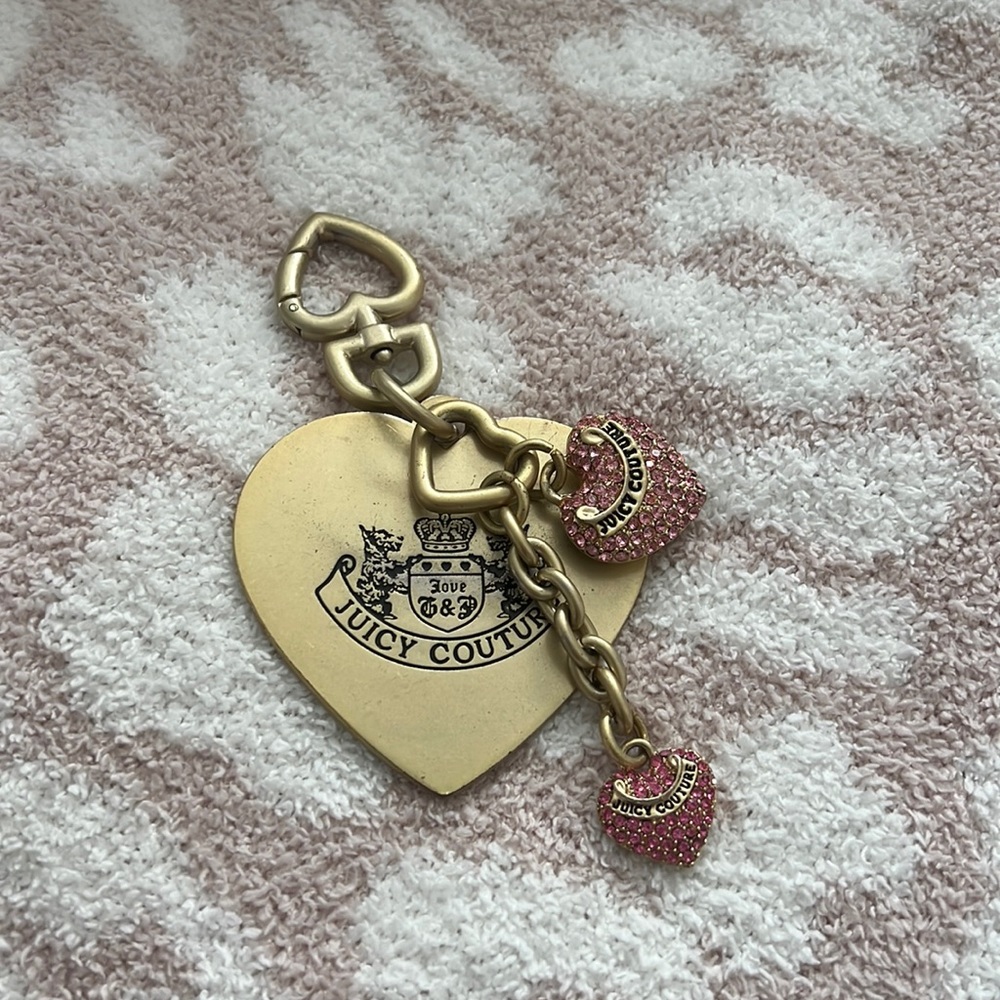Juicy Couture Bag Charm Key Chain Heart Gold Pink Rhinestones